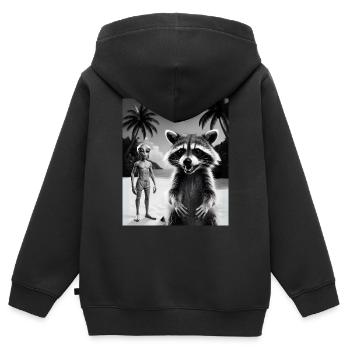 Waschbär macht ein Selfie am Strand mit Alien - Kinder Premium Organic Zip Hoodie - Schwarz - Hinten - AI Model Kid Male (0cm)
