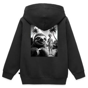Faultier macht Selfie mit Alien am Strand - Kinder Premium Organic Zip Hoodie - Schwarz - Hinten - AI Model Kid Male (0cm)