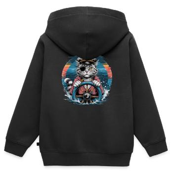 Capitaine Chat avec Chapeau de Pirate au Volant en - Sweat Premium à capuche zippé enfant bio - noir - Dos - AI Model Kid Male (0cm)