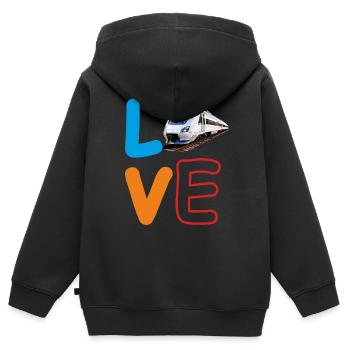 LOVE BAHN ZUG - Kinder Premium Organic Zip Hoodie - Schwarz - Hinten - AI Model Kid Male (0cm)