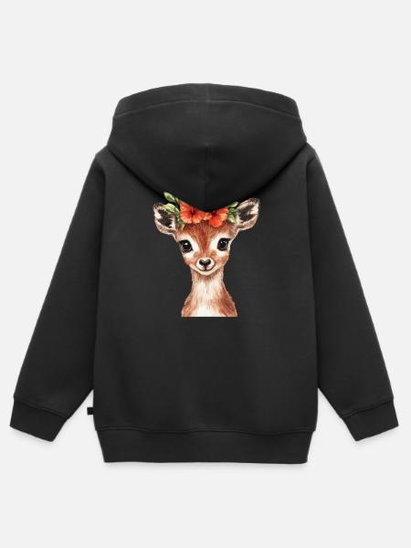 Reh mit Blütenkranz - Kinder Premium Organic Zip Hoodie - Schwarz