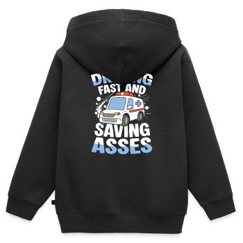 Conduire vite et économiser des culs Service de secours Humour - Sweat Premium à capuche zippé enfant bio - noir - Dos - AI Model Kid Male (0cm)