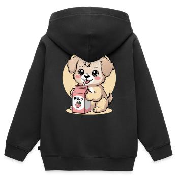Kawaii chien buvant du lait de fraise mignon japonais - Sweat Premium à capuche zippé enfant bio - noir - Dos - AI Model Kid Male (0cm)