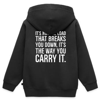 Es ist nicht die Last, die dich kaputt macht, es ist die - Kinder Premium Organic Zip Hoodie - Schwarz - Hinten - AI Model Kid Male (0cm)