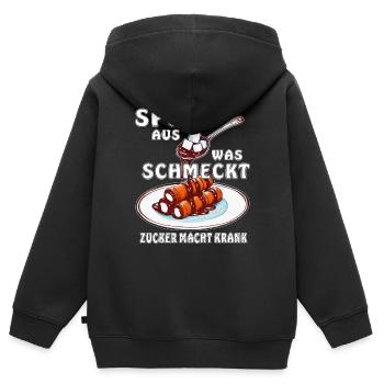 ZUCKER SPUCK AUS WAS SCHMECKT - Kinder Premium Organic Zip Hoodie - Schwarz - Hinten - AI Model Kid Male (0cm)