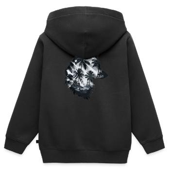 Wolfssilhouette mit Palmen und Sonnenlicht - Kinder Premium Organic Zip Hoodie - Schwarz - Hinten - AI Model Kid Male (0cm)