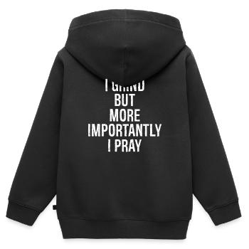 Ich grinde, aber noch wichtiger ist, ich bete - Kinder Premium Organic Zip Hoodie - Schwarz - Hinten - AI Model Kid Male (0cm)
