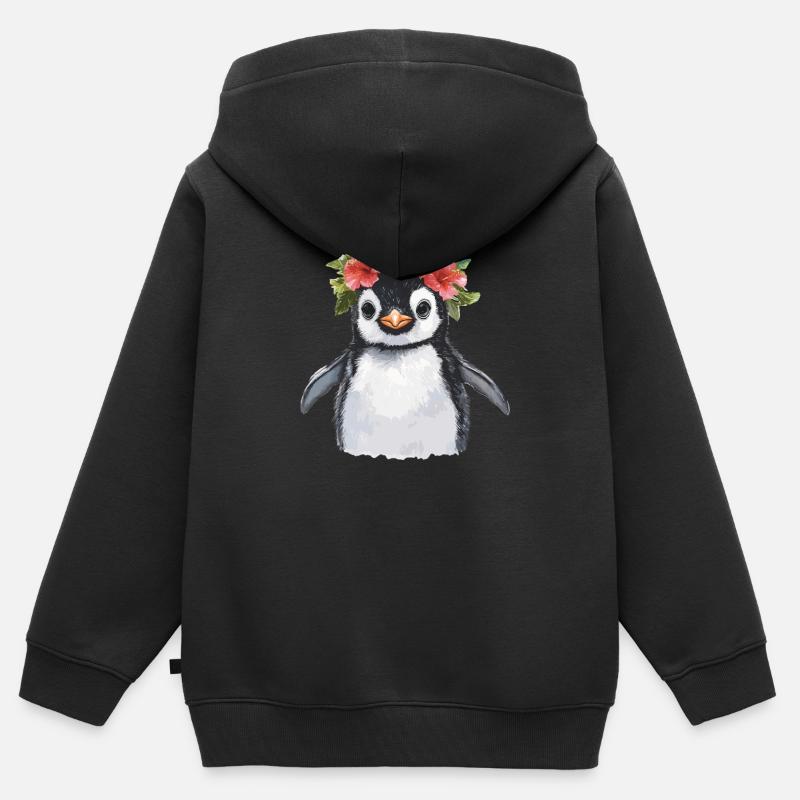 Pingouin avec couronne de fleurs - Sweat Premium à capuche zippé enfant bio - noir