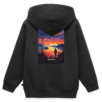 Ambiance nocturne aux Pays-Bas avec des moulins à vent - Sweat Premium à capuche zippé enfant bio - noir - Dos - AI Model Kid Male (0cm)