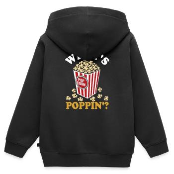Qu’est-ce qui saute ? Pop-corn frais - croustillant - Sweat Premium à capuche zippé enfant bio - noir - Dos - AI Model Kid Male (0cm)