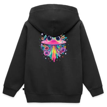OVNI avec pluie de fleurs - Sweat Premium à capuche zippé enfant bio - noir - Dos - AI Model Kid Male (0cm)