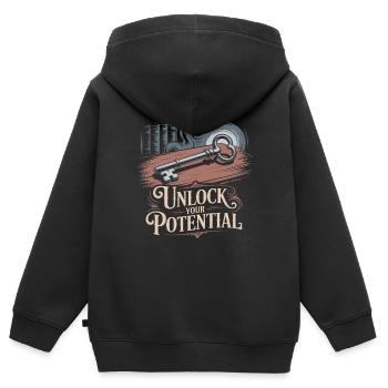 ENTFALTEN SIE IHR POTENZIAL - Kinder Premium Organic Zip Hoodie - Schwarz - Hinten - AI Model Kid Male (0cm)