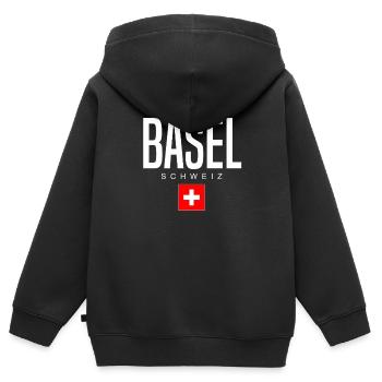 Basel, Switzerland - Kids Premium Organic Zip-up Hoodie - black - Back - AI Model Kid Male (0cm)
