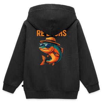 Re : Saumon – Drôle de poisson avec des lunettes de soleil - Sweat Premium à capuche zippé enfant bio - noir - Dos - AI Model Kid Male (0cm)