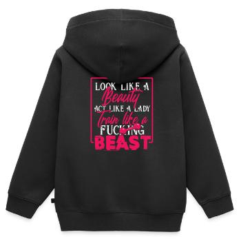 Trainieren wie ein Biest Schönheit Sportler Frau - Kinder Premium Organic Zip Hoodie - Schwarz - Hinten - AI Model Kid Male (0cm)
