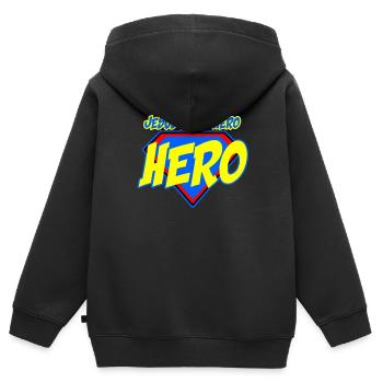 Jésus est mon héros, chrétien pour les enfants - Sweat Premium à capuche zippé enfant bio - noir - Dos - AI Model Kid Male (0cm)