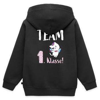 Einhorn Katze. Team 1. Klasse. - Kinder Premium Organic Zip Hoodie - Schwarz - Hinten - AI Model Kid Male (0cm)