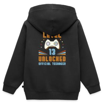 Adolescent Officiel 13ème Anniversaire Niveau 13 Débloqué - Sweat Premium à capuche zippé enfant bio - noir - Dos - AI Model Kid Male (0cm)
