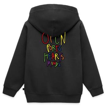Open Ports Hearts and Minds - Kids Premium Organic Zip-up Hoodie - black - Back - AI Model Kid Male (0cm)