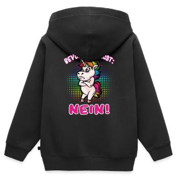 Bevor du fragst: Nein! Selbstbewusstes Einhorn - Kinder Premium Organic Zip Hoodie - Schwarz - Hinten - AI Model Kid Male (0cm)