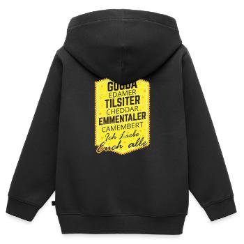 Gouda Edamer Tilsiter Chedder Ich Liebe Sie Alle - Kinder Premium Organic Zip Hoodie - Schwarz - Hinten - AI Model Kid Male (0cm)