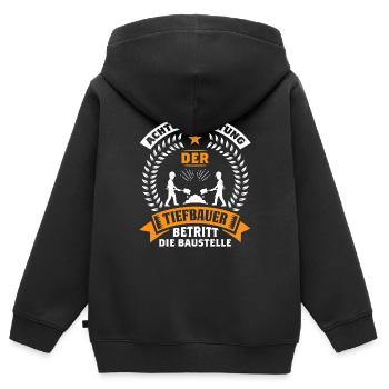 ACHTUNG DER TIEFBAUER BETRITT DIE BAUSTELLE - Kinder Premium Organic Zip Hoodie - Schwarz - Hinten - AI Model Kid Male (0cm)