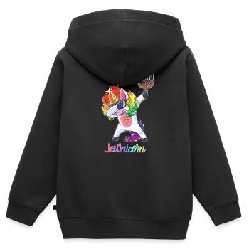 Jewnicorn - juif tamponnant licorne Hanoukka - Sweat Premium à capuche zippé enfant bio - noir - Dos - AI Model Kid Male (0cm)