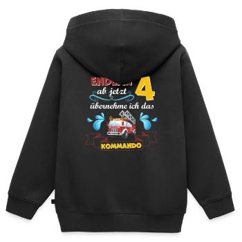Kinderkleidung, Feuerwehr zum 4 Geburtstag 4 Jahre - Kinder Premium Organic Zip Hoodie - Schwarz - Hinten - AI Model Kid Male (0cm)