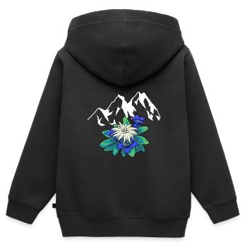 Gebirge Berge Tirol Edelweiß Enzian Natur Wandern - Kinder Premium Organic Zip Hoodie - Schwarz - Hinten - AI Model Kid Male (0cm)