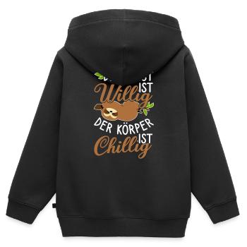 Faultier Chillig - Kinder Premium Organic Zip Hoodie - Schwarz - Hinten - AI Model Kid Male (0cm)