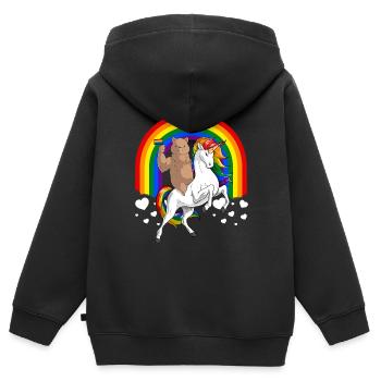 LGBT Mignon Ours Brun Chevauchant Licorne Gay Pride - Sweat Premium à capuche zippé enfant bio - noir - Dos - AI Model Kid Male (0cm)