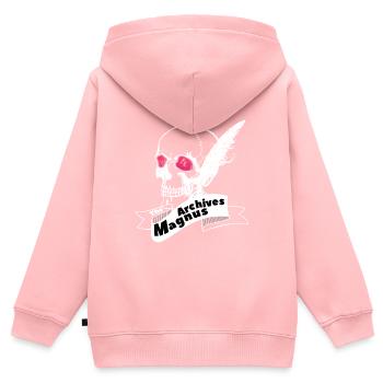 Les archives Magnus - crâne - Sweat Premium à capuche zippé enfant bio - rose - Dos - AI Model Kid Female (0cm)