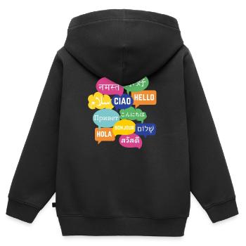 Conception colorée de bulle de discours "Bonjour", de nombreuses langues - Sweat Premium à capuche zippé enfant bio - noir - Dos - AI Model Kid Male (0cm)