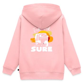 Tuk Tuk Lent mais constant idée cadeau - Sweat Premium à capuche zippé enfant bio - rose - Dos - AI Model Kid Female (0cm)