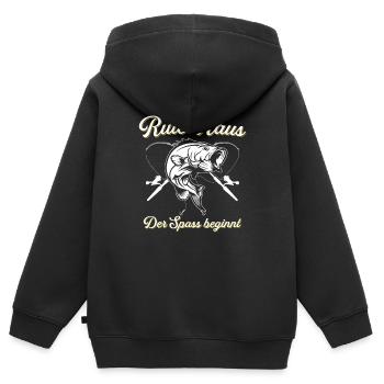Rute Raus Der Spass Beginnt Angler - Kinder Premium Organic Zip Hoodie - Schwarz - Hinten - AI Model Kid Male (0cm)