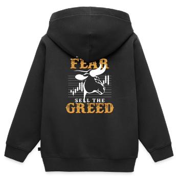 Kaufe die Angst und verkaufe die Gier Spruch - Kinder Premium Organic Zip Hoodie - Schwarz - Hinten - AI Model Kid Male (0cm)