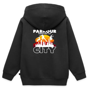 Parkour durch meine urbane Stadt Streetstyle - Kinder Premium Organic Zip Hoodie - Schwarz - Hinten - AI Model Kid Male (0cm)