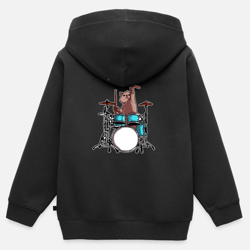Chat batteur joue des cadeaux de musicien de batterie - Sweat Premium à capuche zippé enfant bio - noir