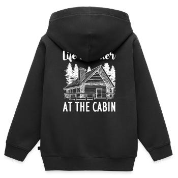 Cabane de montagne refuge chalet cabane en bois - Sweat Premium à capuche zippé enfant bio - noir - Dos - AI Model Kid Male (0cm)
