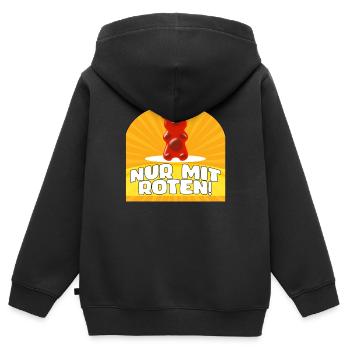 NUR MIT ROTEN - GUMMIBÄR - Kinder Premium Organic Zip Hoodie - Schwarz - Hinten - AI Model Kid Male (0cm)