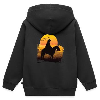 T-shirt vintage rétro équitation soleil - Sweat Premium à capuche zippé enfant bio - noir - Dos - AI Model Kid Male (0cm)