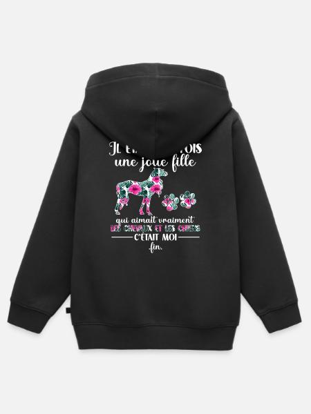 Chevaux Fille Chien Cheval Humour Cadeau - Sweat Premium à capuche zippé enfant bio - noir