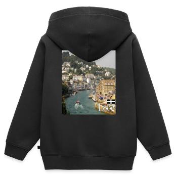 Looe, Cornouailles - Sweat Premium à capuche zippé enfant bio - noir - Dos - AI Model Kid Male (0cm)