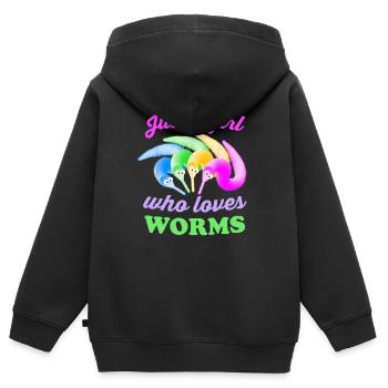 Wurm auf einer Schnur nur ein Mädchen, das Worms liebt - Kinder Premium Organic Zip Hoodie - Schwarz - Hinten - AI Model Kid Male (0cm)
