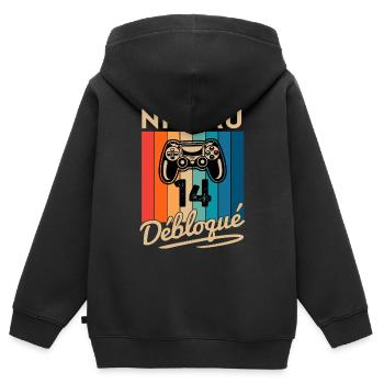 Cadeau Garçon 14 ans Anniversaire Gamer Niveau 14 - Sweat Premium à capuche zippé enfant bio - noir - Dos - AI Model Kid Male (0cm)