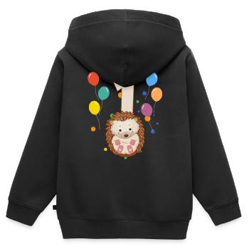 1er anniversaire anniversaire d’enfant 1 ans hérissons - Sweat Premium à capuche zippé enfant bio - noir - Dos - AI Model Kid Male (0cm)