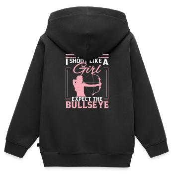 Ich weiß, ich schieße wie ein Mädchen Lustiger - Kinder Premium Organic Zip Hoodie - Schwarz - Hinten - AI Model Kid Male (0cm)
