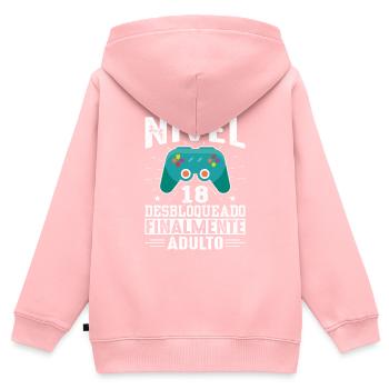 Niveau 18 Débloqué Anniversaire 18 Ans - Sweat Premium à capuche zippé enfant bio - rose - Dos - AI Model Kid Female (0cm)