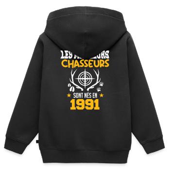 Chasseur | Anniversaire chasseur 1991 - Sweat Premium à capuche zippé enfant bio - noir - Dos - AI Model Kid Male (0cm)