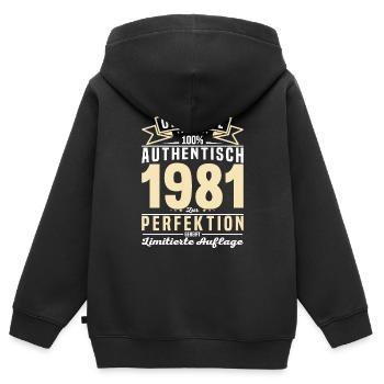 Authentisches Geschenk 1981 - Kinder Premium Organic Zip Hoodie - Schwarz - Hinten - AI Model Kid Male (0cm)